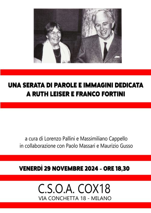 UNA SERATA DI PAROLE E IMMAGINI DEDICATA A RUTH LEISER E FRANCO FORTINI