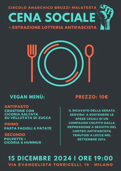 CENA SOCIALE + ESTRAZIONE LOTTERIA ANTIFASCISTA