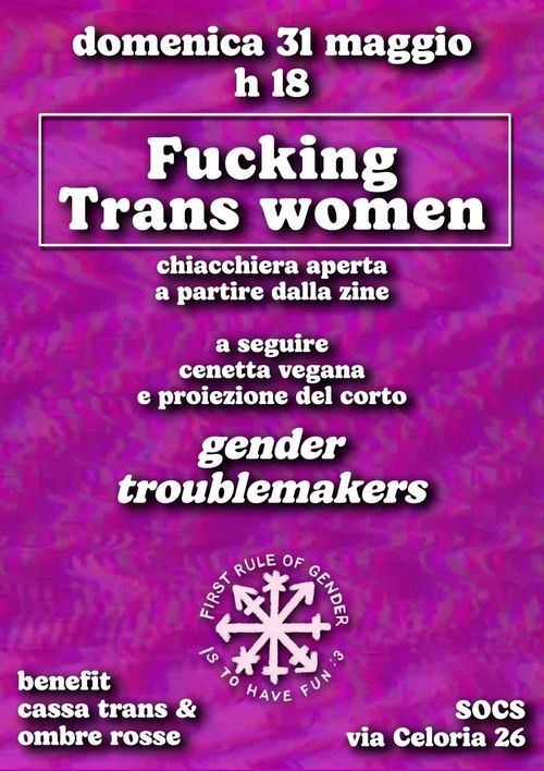 Informazioni sull'evento, sfondo fucsia, simbolo del caos queer con scritto "First rule of gender is to have fun :3"