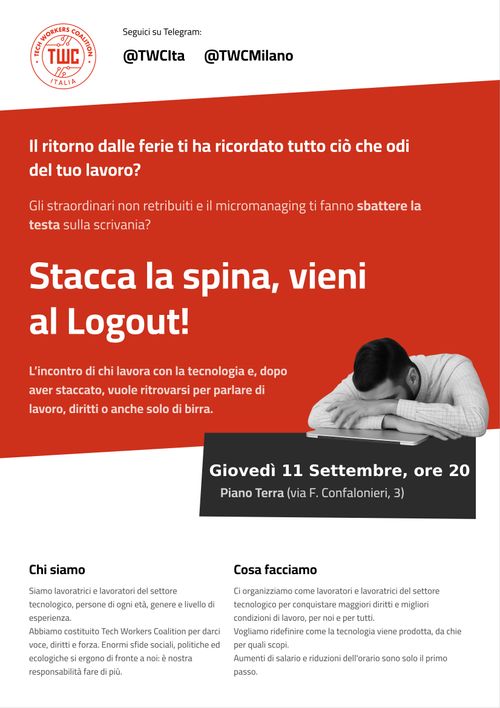 Locandina incontro Tech Workers Coalition Milano