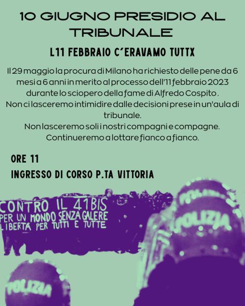 PRESIDIO IN TRIBUNALE PER LA SENTENZA DEL PROCESSO PER IL CORTEO DELL'11 FEBBRAIO CONTRO IL 41 BIS