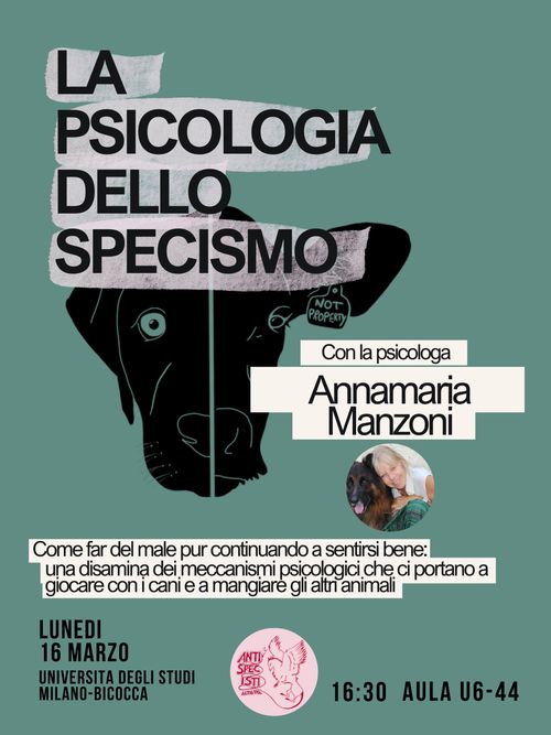 "La psicologia dello SPECISMO: una disamina dei meccanismi che ci fanno giocare con i cani e mangiare gli altri animali" a cura della psicologa Annamaria Manzoni