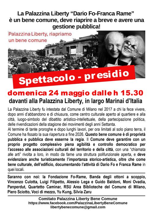 24 giugno h 15,30 Presidio-spettacolo alla Palazzina Liberty di Milano