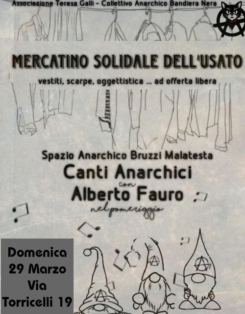 MERCATINO SOLIDALE DELL’USATO + CANTI ANARCHICI CON ALBERTO FAURO