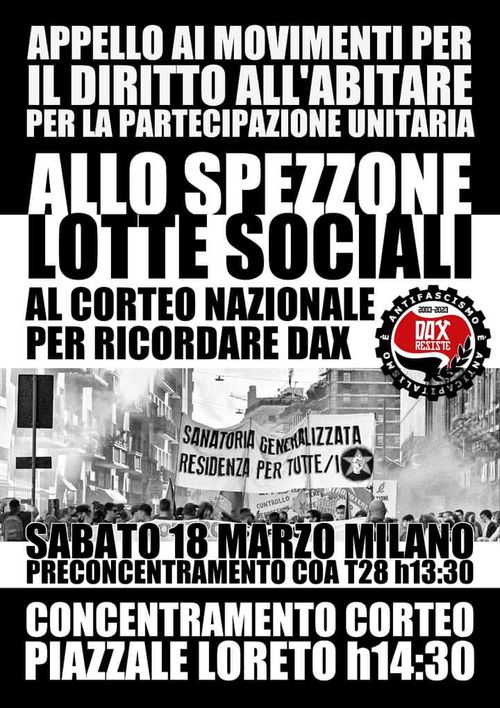 Appello ai movimenti per il diritto all'abitare per la partecipazione unitaria allo spezzone lotte sociali al corteo nazionale per ricordare Dax il 18 marzo a Milano